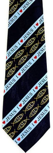 I Love Jesus Striped Men's Necktie Christian Faith Religious Fish Blue Neck Tie - Picture 1 of 3