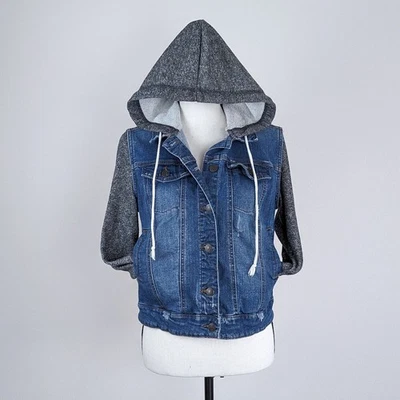 Chaqueta vaquera Mossimo para mujer denim envejecido medio con capucha botón bloques de color Foto 1 de 4