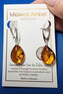 Midwest Amber Sterling Silver Genuine Amber Earrings From The BALTIC SEA- NEW - Image 1 of 2
