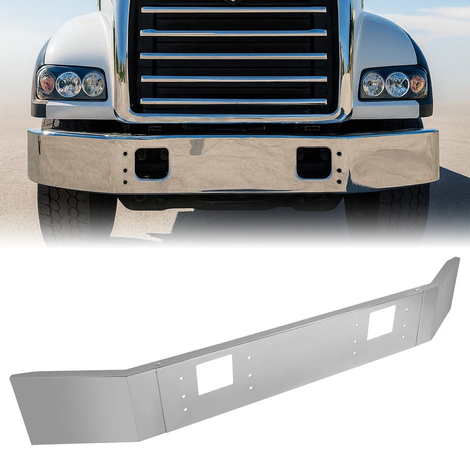 Para-choque dianteiro cromado 12" com dois recortes de reboque para Mack Granite CTP713/CV713/GU713 - Imagem 1 de 4