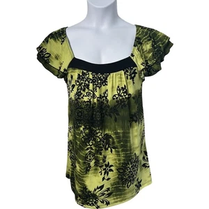 VTG Claudia Richard Women's Green Y2K Boho Flutter Sleeve Blouse Sz LG Babydoll - Picture 1 of 6