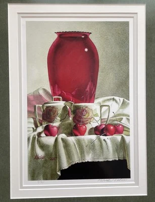 Jarrón de mesa firmado con marco de acuarela original Michael Weber arte bodegón cereza Foto 1 de 4