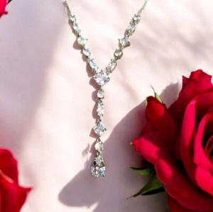 Cubic Zirconia Y-Drop Necklace Silver Tone Chain 2” Drop Signed JCM CZ EUC - Picture 1 of 11