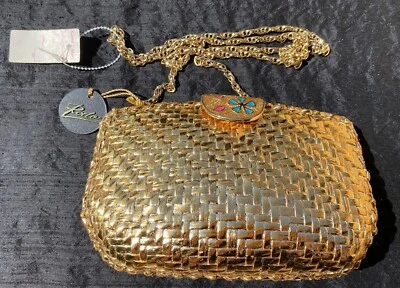 Vtg 70's Rodo Hard Shell Gold Tone Rattan Clutch Evening Bag New with Tags Disco - Image 1 of 4