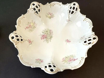 Tigela perfurada pintada à mão Bauer Rosenthal Co BRC Vintage Moliere Alemanha 10" - Imagem 1 de 4