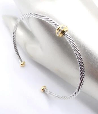 GORGEOUS Gold Crystals Circular Ring End Tips Thin 3.5mm Cable Cuff Bracelet - Image 1 of 4