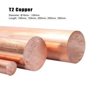 T2 Pure Copper Round Solid Rod Bar Round Diameter: Ø 8mm-100mm, Length 100-300mm - Picture 1 of 11