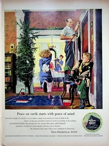 1950 Prudential Insurance Vintage Impreso Anuncio Árbol de Navidad Familia Paz en la Tierra - Imagen 1 de 1