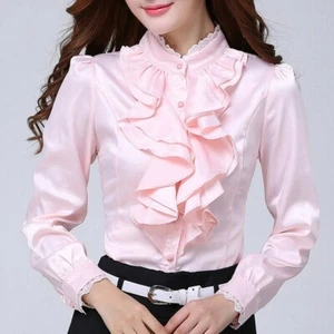 Damen Satin Bluse Kunstseide Spitze Shirt Rüschen Rüschen Lolita Büro Top Retro - Bild 1 von 16