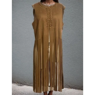 Women s Fringe Faux Suedes Vest 70s Hippie Sleeveless Tassels Cardigan Jackets - Image 1 of 4