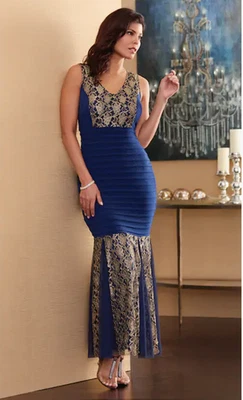 Size 1X PLUS Midnight Velvet Blue Gold Formal Wedding Church Maliha Gown Dress - Image 1 of 4