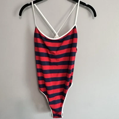 Купальник цельный J Crew размер большой красный темно-синий в полоску купальник размер 14 - Изображение 1 из 4