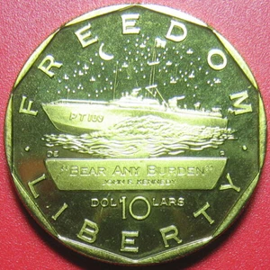 1995 MARSHALL ISLANDS $10 JFK TORPEDO BOAT US NAVY PROOF-LIKE BRASS (no silver) - Picture 1 of 4