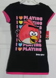 NWT - Girl's "I Love Playing" Angry Birds T-Shirt - Black - Sz M - Picture 1 of 1