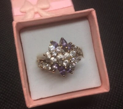 Sterling Silver Marquise Cut Purple Lab Created Amethyst & CZ Flower Ring Size 7 - Image 1 of 4