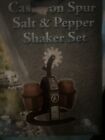 Vintage In Box Western Salt Pepper Shaker Holder Cast Iron Horseshoe Spur.