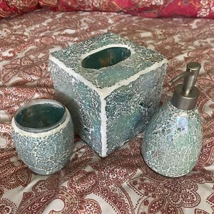 Mosaic Glass Tissue Box Holder Cover Bathroom Set Soap Dispenser Cup Aqua Teal - Picture 1 of 16
