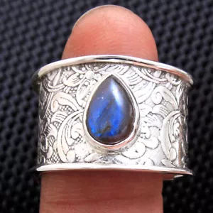 Anillo sólido de joyería de plata esterlina 925 cabina de labradorita banda ancha talla EE. UU. 10 - Imagen 1 de 2
