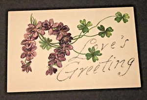 ATQ Postcard "Love's Greeting" Violets in Horseshoe Shape with Clover - Picture 1 of 6