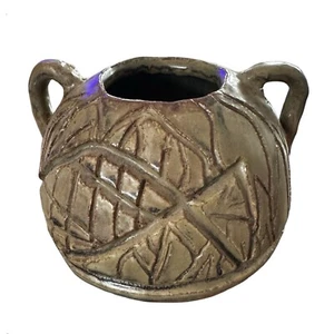 Handmade Pottery Stoneware Round Vase Jar w/Handles Primitive - Picture 1 of 5