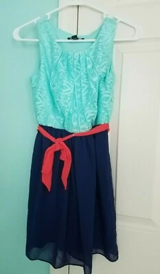 Vestido Amy Byer para Niñas con Collar Diseño de Encaje Aqua Azul Marino Rosa Cinturón Talla 12 Foto 1 de 3