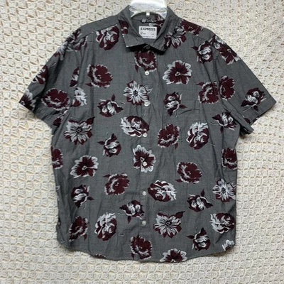 Camisa Express Hombre XL Gris Borgoña Floral Calce Ajustado Suave Lavado Abotonada Informal Foto 1 de 4