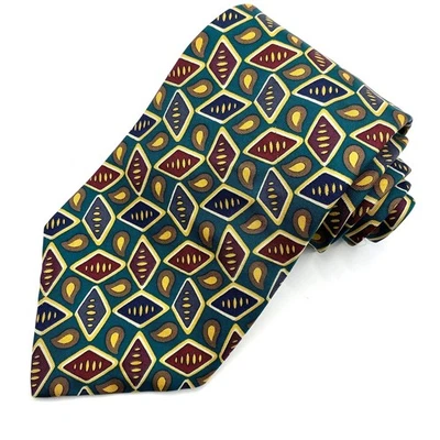 LIBERTY of LONDON Men Italian Silk Tie Necktie Green Geometric Paisley VTG USA - Image 1 of 4