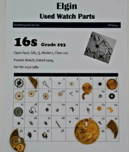 Piezas de reloj usado Elgin 16/16s grado 293 modelo 7 ser no 21322389 EP2/024 - Imagen 1 de 1