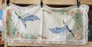 Hand Embroidered Needlepoint Vintage Table Runner 17x38 Asian Themed Birds - Picture 1 of 7