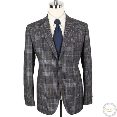 NWT CURRENT Kiton Evo Grey Blue Wool Plaid Handmade Patch Pkts 3/2 Jacket 42S - Image 1 of 4