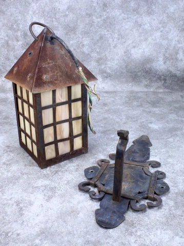Arts and Crafts Outdoor Hanging Slag Glass Lamp With Wrought Iron Hanger Cover