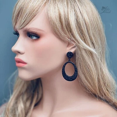 Mujeres Negro Cristal Estrás Aro Gota Pendientes Moda Joyería Baile de graduación 45 Foto 1 de 4