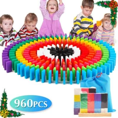 240~960 PCS Wooden Dominoes Block Tiles Bright Tumbling Knock Down Kids Toys - Image 1 of 4