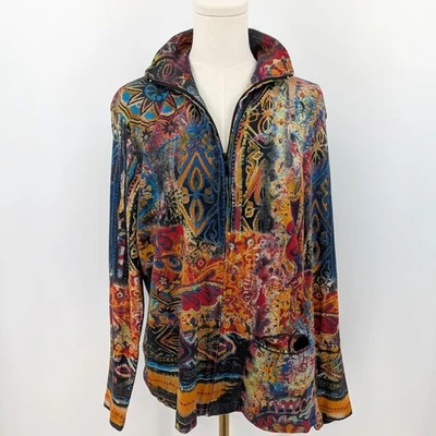 Top informal Chico's 1 algodón cuarto cremallera multicolor boho estampado artístico talla 1 (S/M) Foto 1 de 4