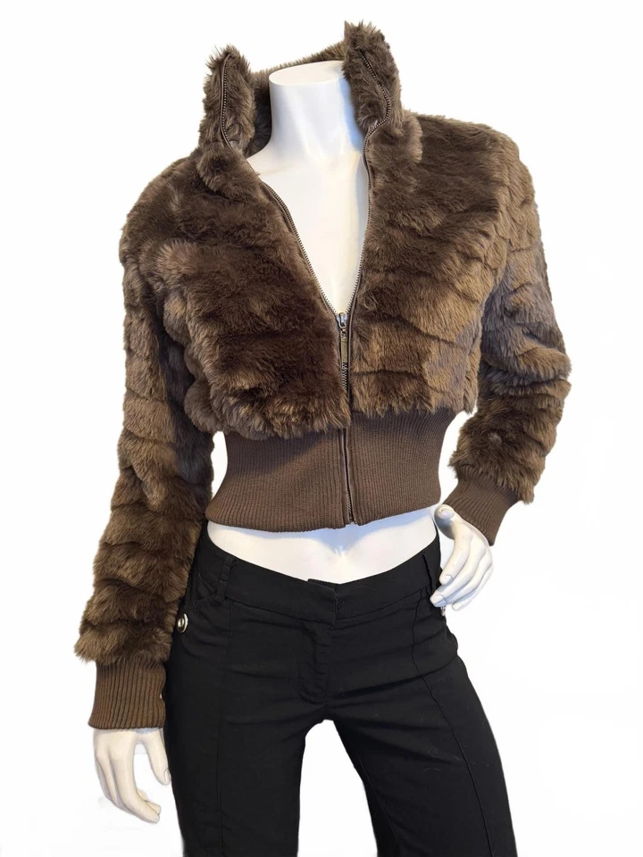 Chaqueta de bombardero recortada de piel sintética marrón JOUJOU escudo trasero cremallera Y2K para mujer pequeña Foto 1 de 4