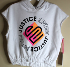 Justice Girls Size Medium (10) J-Sport Cut Off Hoodie Top White Short Sleeve