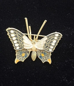 Vintage butterfly brooch pin damascene enamel gold tone fillagree dainty Spain - Picture 1 of 6