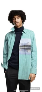Zara Man Relaxed Fit Green & White Striped Button Up Shirt Size Small NWT - Picture 1 of 8