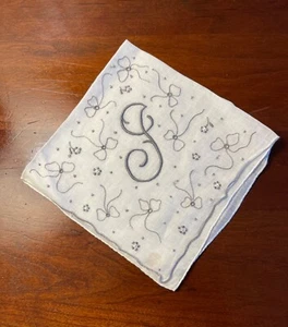 VINT HANDKERCHIEF FINE WHITE LINEN EMBROIDERED MONOGRAM " J " NU NOS 12" / BOWS - Picture 1 of 3