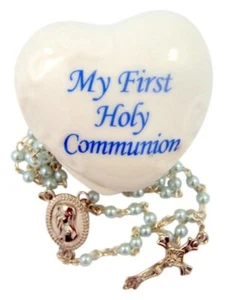 First Communion Rosary Keepsake Gift Set with Porcelain Heart Shaped Box for ... - Picture 1 of 2