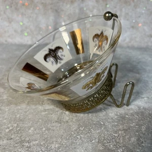 Vintage Anchor Hocking Dip Bowl And Bracket Bowl Holder Gold Tone Round Mint - Picture 1 of 7