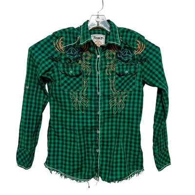 Xadrez verde rugido preto manga longa faroeste enfeitado cowgirl botão para cima grande - Imagem 1 de 4