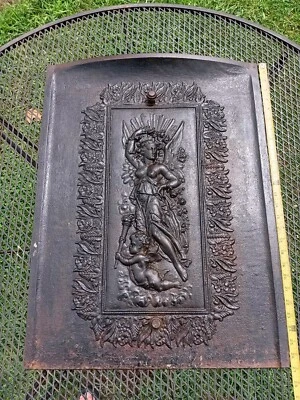 Antique Art Nouveau Ornate Nude Woman & Cherub Cast Iron Fireplace Cover - Image 1 of 4