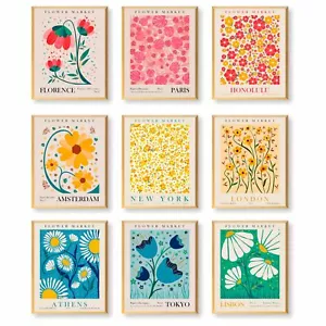 Flower Market Poster Set of 9, Abstract Wall Art Prints,Vintage Colorful Floral - Picture 1 of 9
