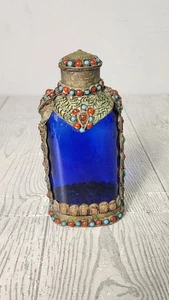 Rare Find!!! 7" Vintage Filagree Blue Ormolu Glass Perfume Bottle wt Turquoise & - Picture 1 of 7