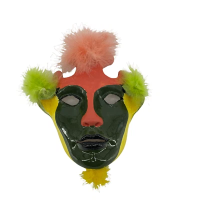 Hand Painted Hanging Plaster Mask Venetian Feather Multicolor Wall Mount Wire - Image 1 of 4