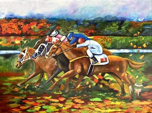 Horse Racing On Canvas by American Acrylic Artist - Picture 1 of 1