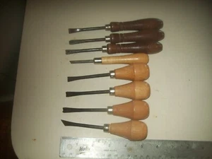8 Assorted Wood Carving Chisels each about 5 1/2 - 6 3/4" Long Wood Handles - Picture 1 of 8