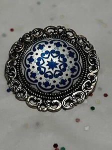 New Portuguese Tile Design under Cabochon Glass Brooch Pin 1.5" in diameter - Picture 1 of 5