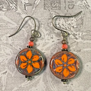 Bronzeton französischer Haken orange Picasso Blume hängen Ohrringe Handwerker. S353 - Bild 1 von 2
